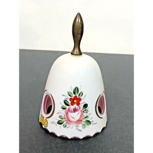 Hand Bell China with Brass Handle Pink Inside Cutouts Hand Painted Floral Design